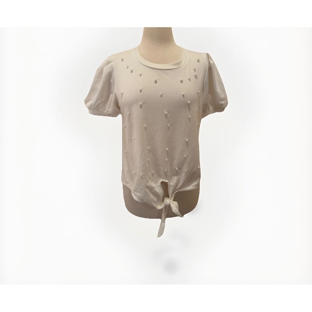 SKONHET White Pearl Embellished Short Sleeve Shirt Puff Sleeve Front Tie Size L